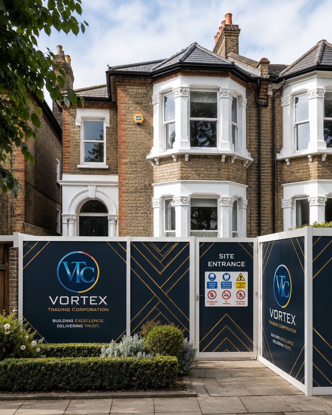 Vortex Trading Corporation Ltd branded site hoarding outside a West London period home