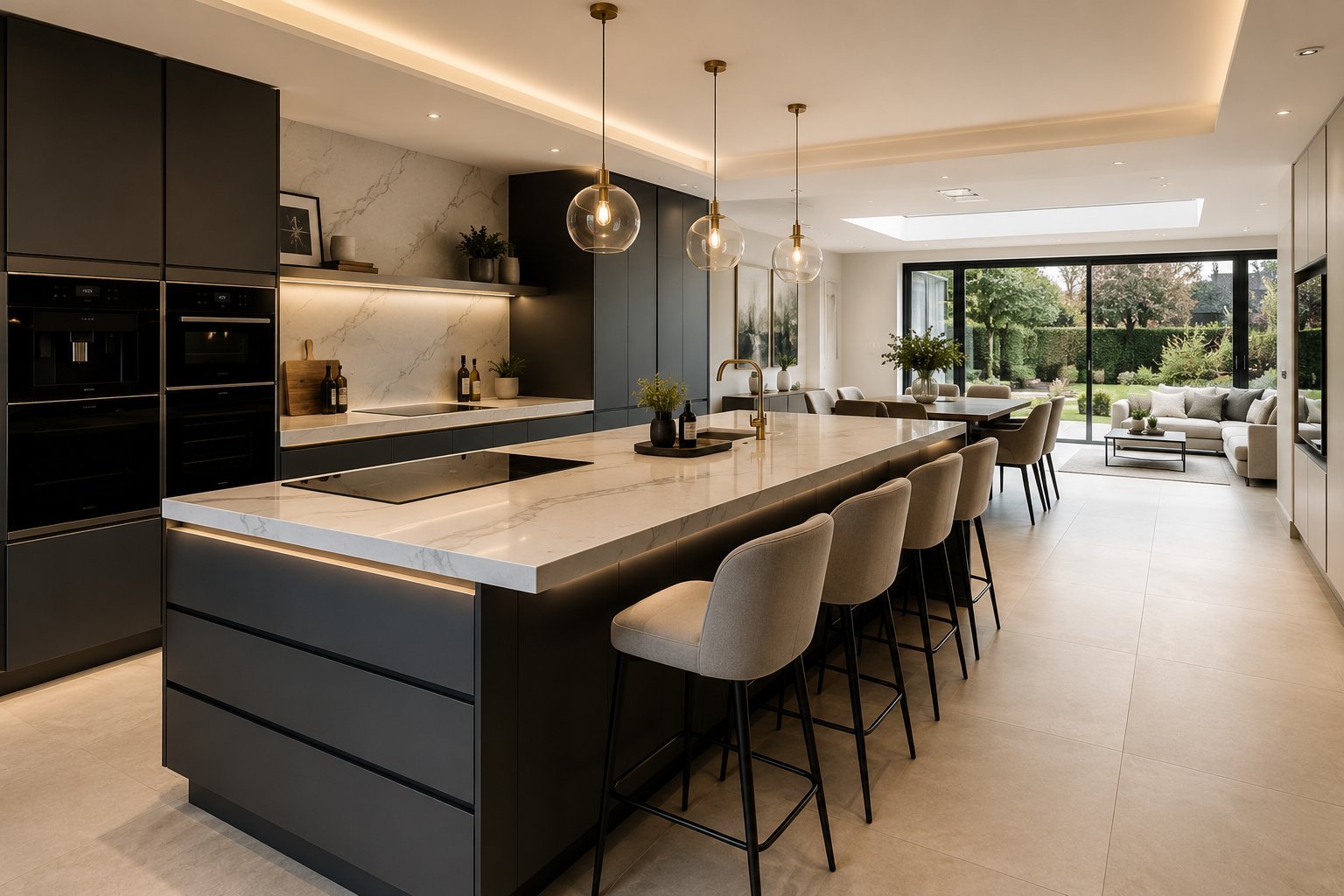 Luxury open-plan kitchen with marble island built by Vortex Trading Corporation Ltd in West London